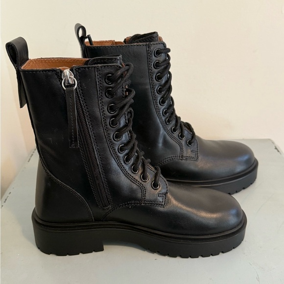 NWT Zara Black Leather Lace-Up Combat Ankle Punk Moto Boots Shoes Size 35 l US 5 - Picture 5 of 8